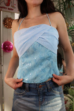 Load image into Gallery viewer, Vintage Light Blue Corset Top – Embroidered &amp; Sequined Mesh with Draped Chiffon Overlay
