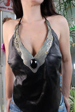 Load image into Gallery viewer, Vintage 1980s Black Leather Halter Top with Rhinestone &amp; Wing Detail
