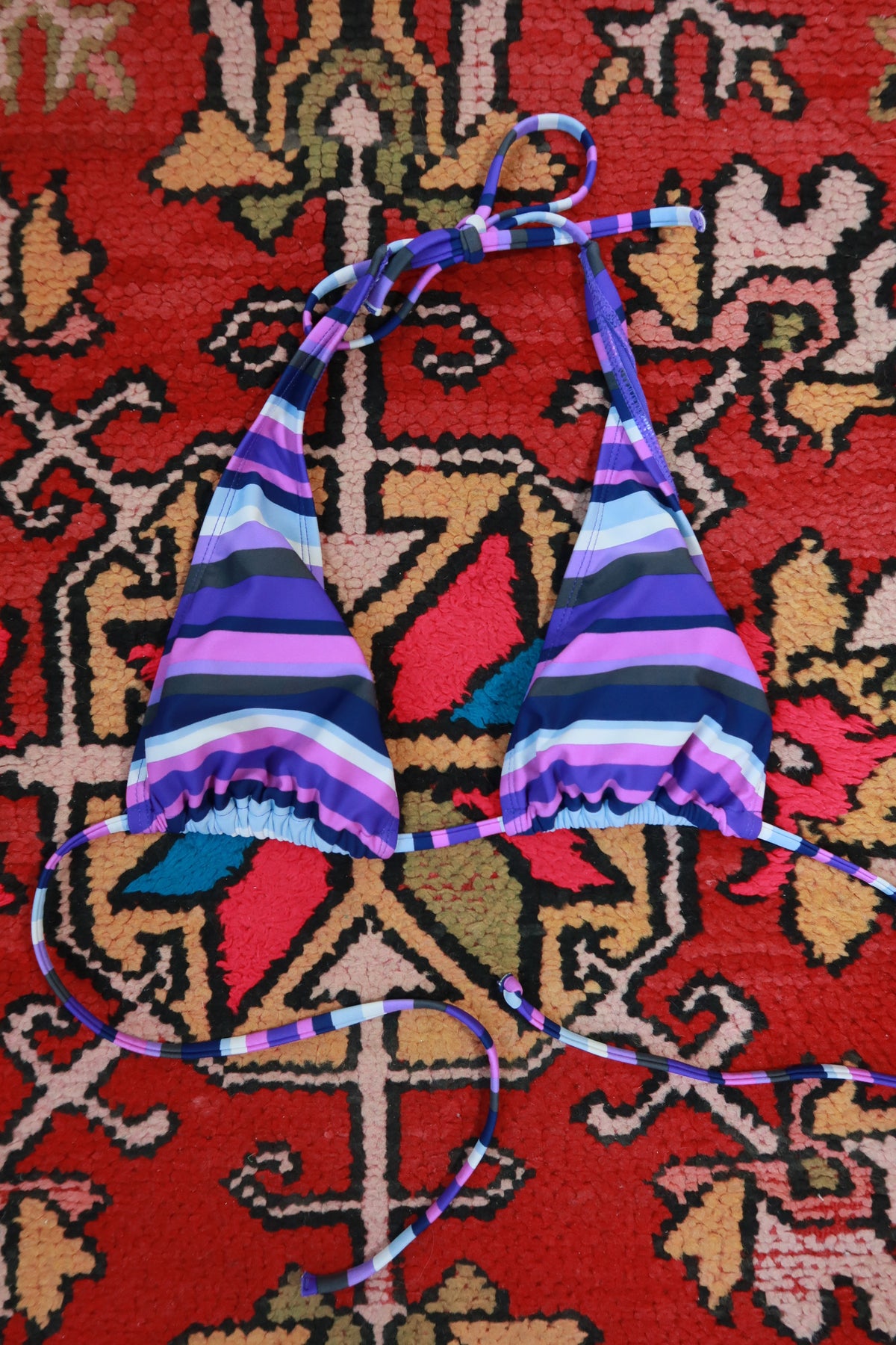 Purple multicolor stripe triangle bikini top for women with adjustable ties, by Elektra Vintage.