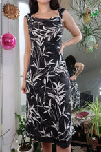 Load image into Gallery viewer, Vintage 100% Silk Black &amp; White Leaf Print Midi Dress – Bias Cut
