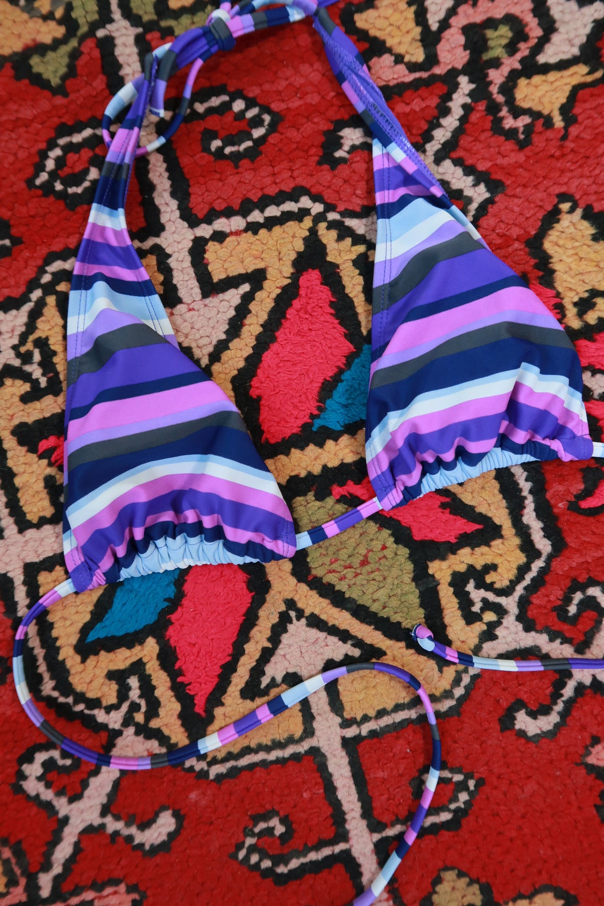 Elektra Vintage purple multicolor stripe triangle bikini top for women, featuring vibrant striped pattern and adjustable ties.