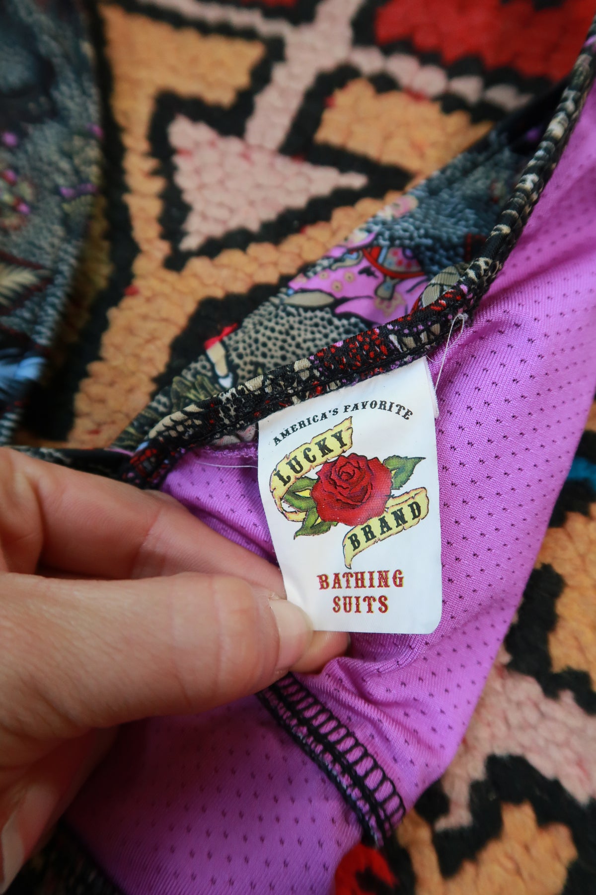 Vintage 2000s Lucky Brand tropical elephant halter bikini top for women, featuring vibrant print and classic design.