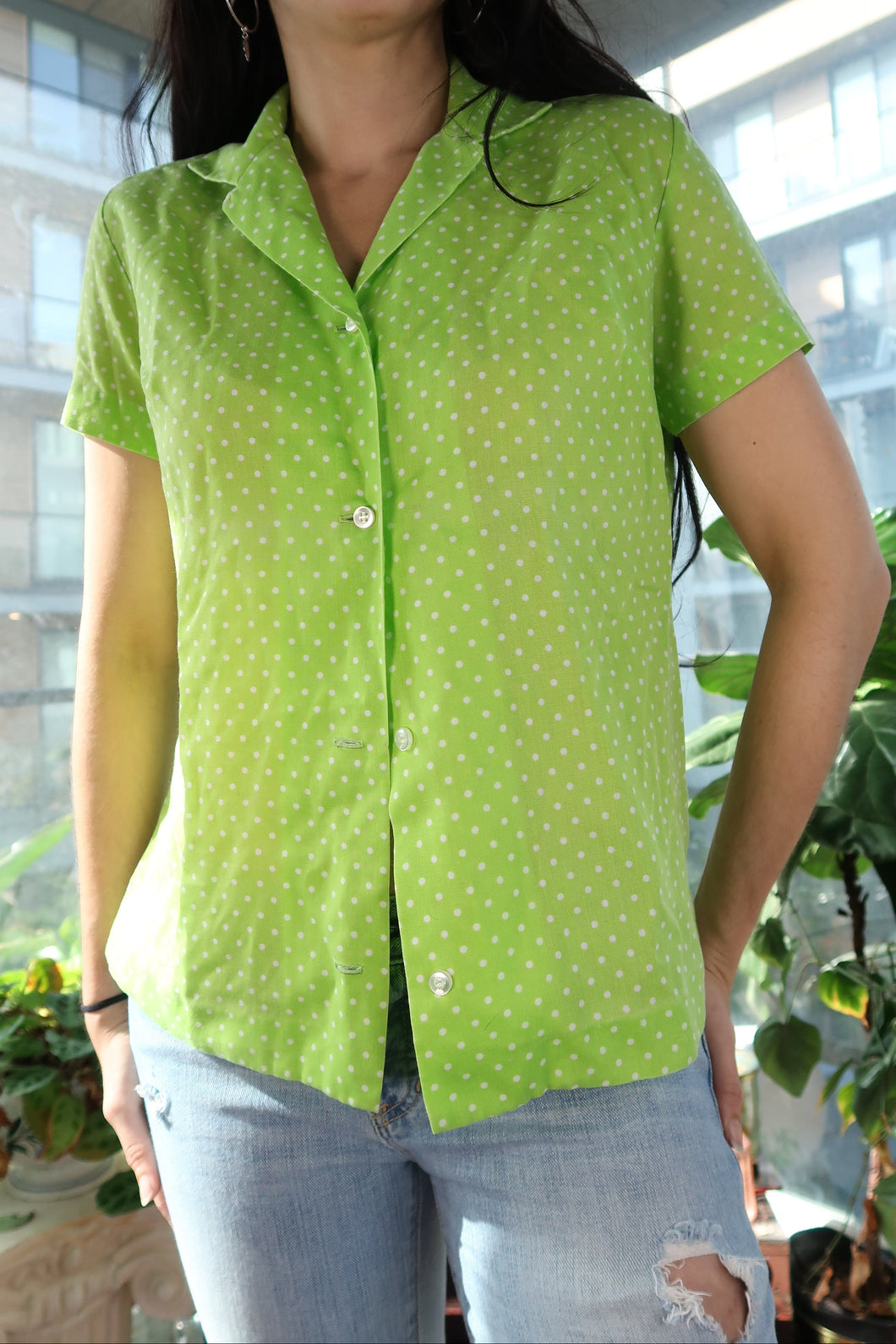 Vintage 70s Lime Green Polka Dot Button-Up Blouse — Short Sleeve Mod Top