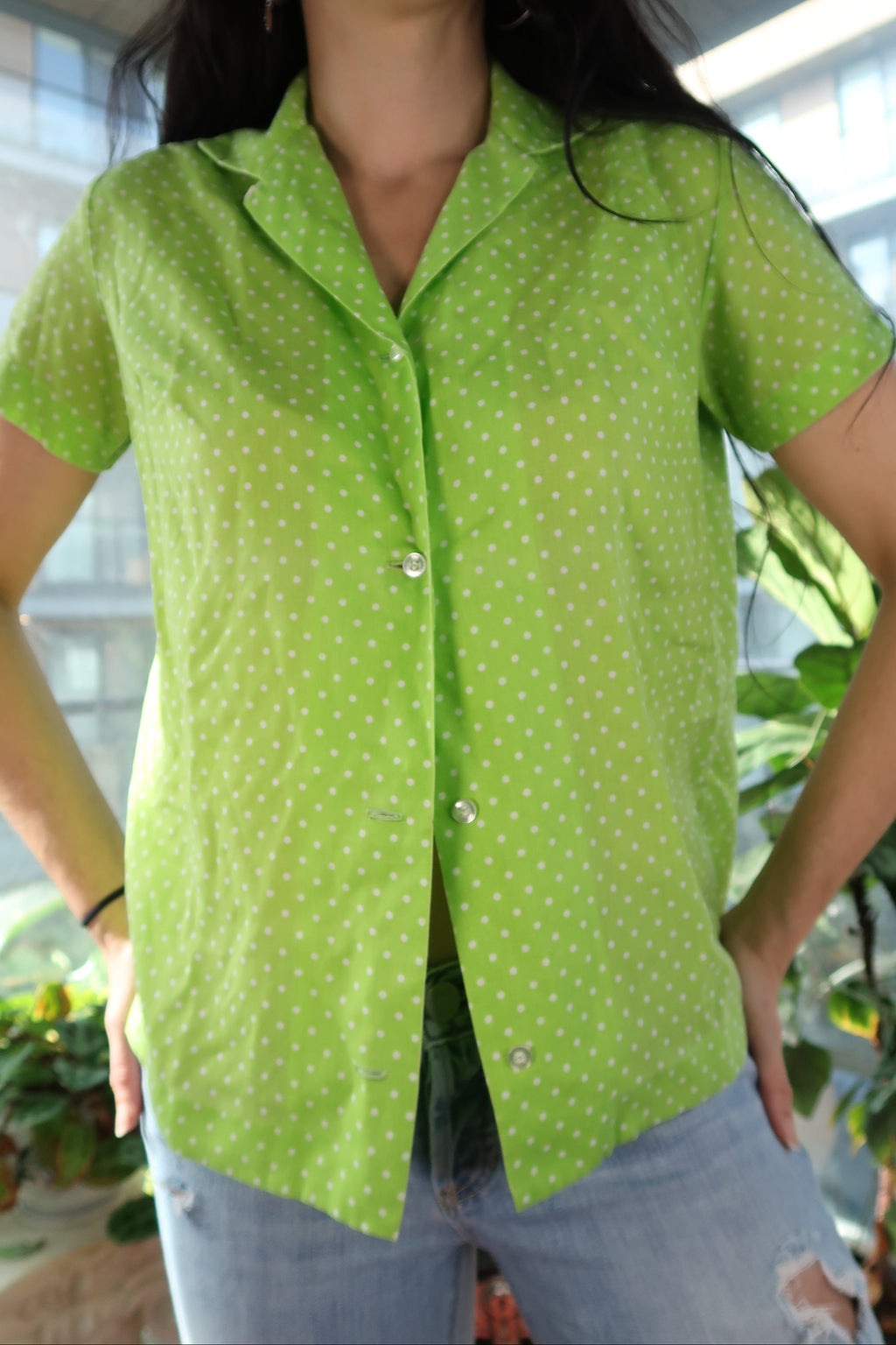 Vintage 70s Lime Green Polka Dot Button-Up Blouse — Short Sleeve Mod Top