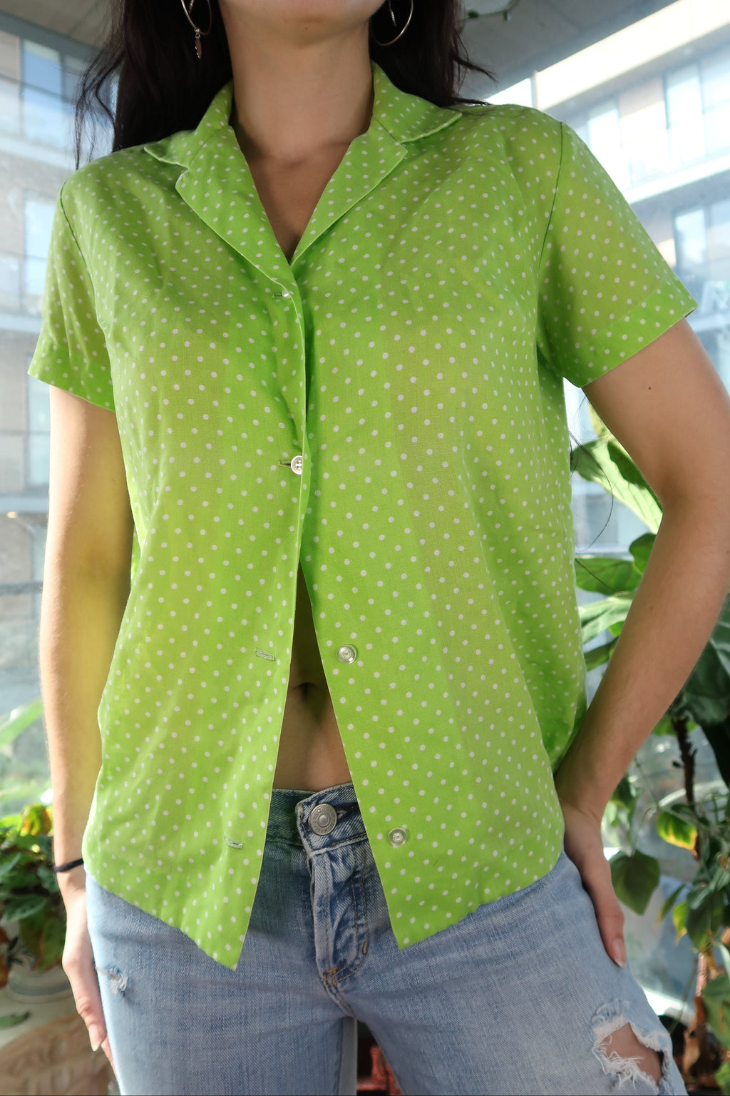 Vintage 70s Lime Green Polka Dot Button-Up Blouse — Short Sleeve Mod Top
