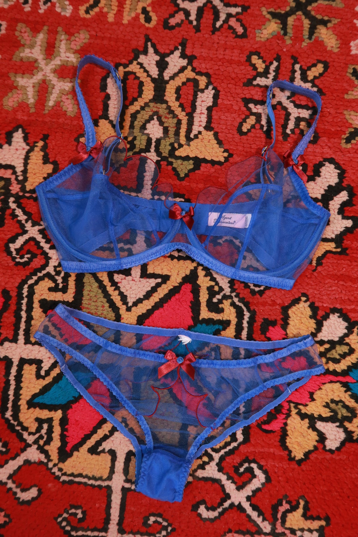 Elektra Vintage blue sheer mesh lingerie set with delicate details, featuring a bra and matching panties for a sensual, elegant look.