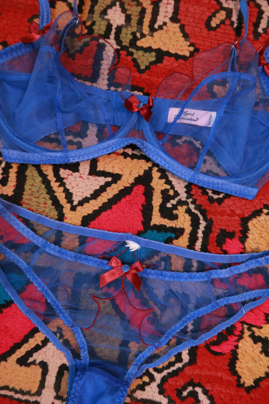Elektra Vintage Agent Provocateur blue sheer mesh lingerie set displayed on a model, featuring delicate lace and transparent fabric.