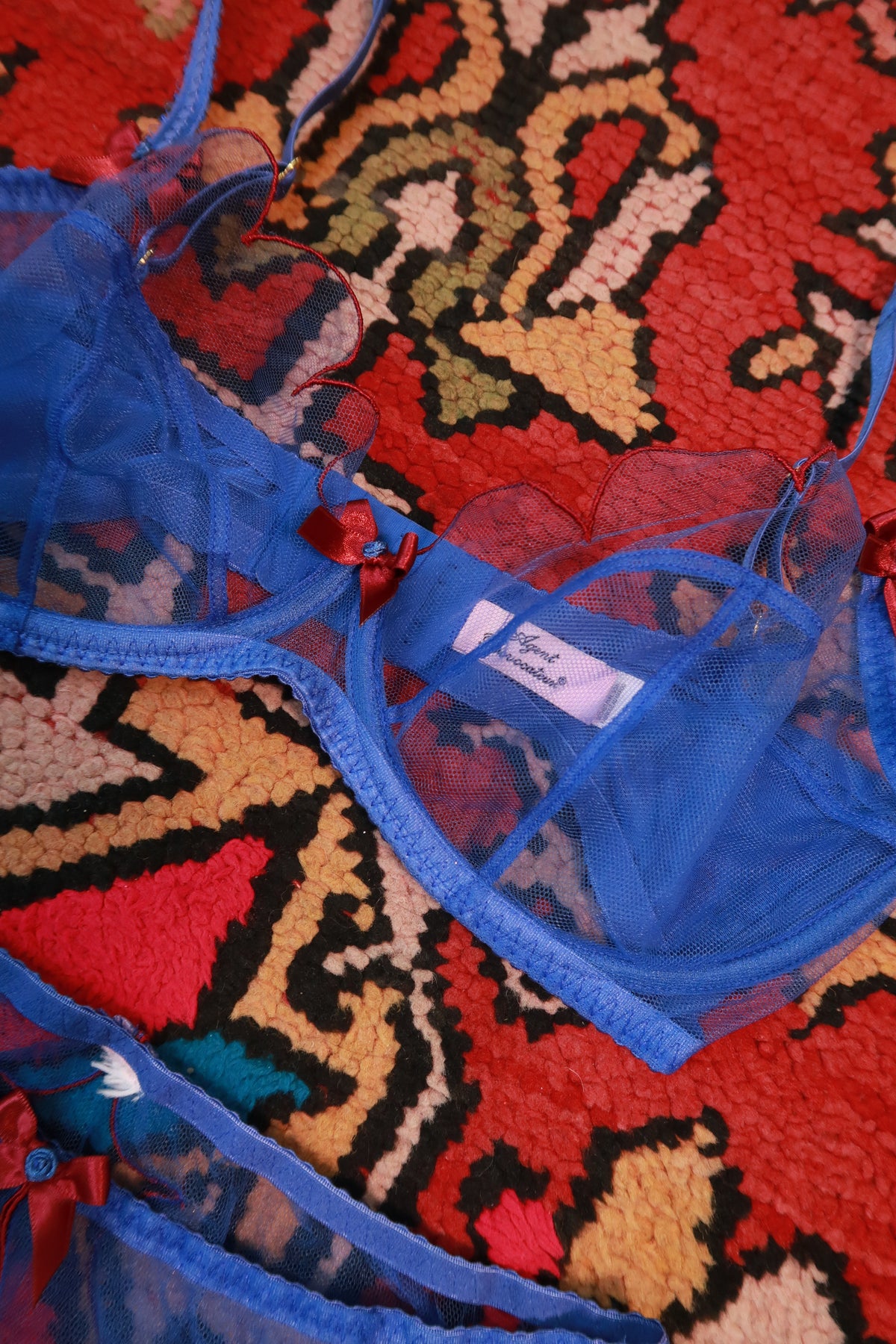 Elektra Vintage blue sheer mesh lingerie set featuring delicate bra and matching panties for a seductive, elegant look.