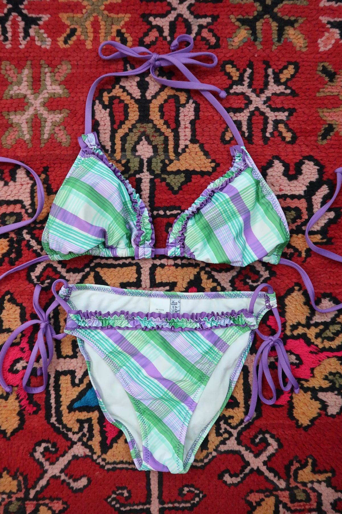 Vintage 2000s Rampage Plaid Bikini Set – Purple & Green with Ruffle Trim