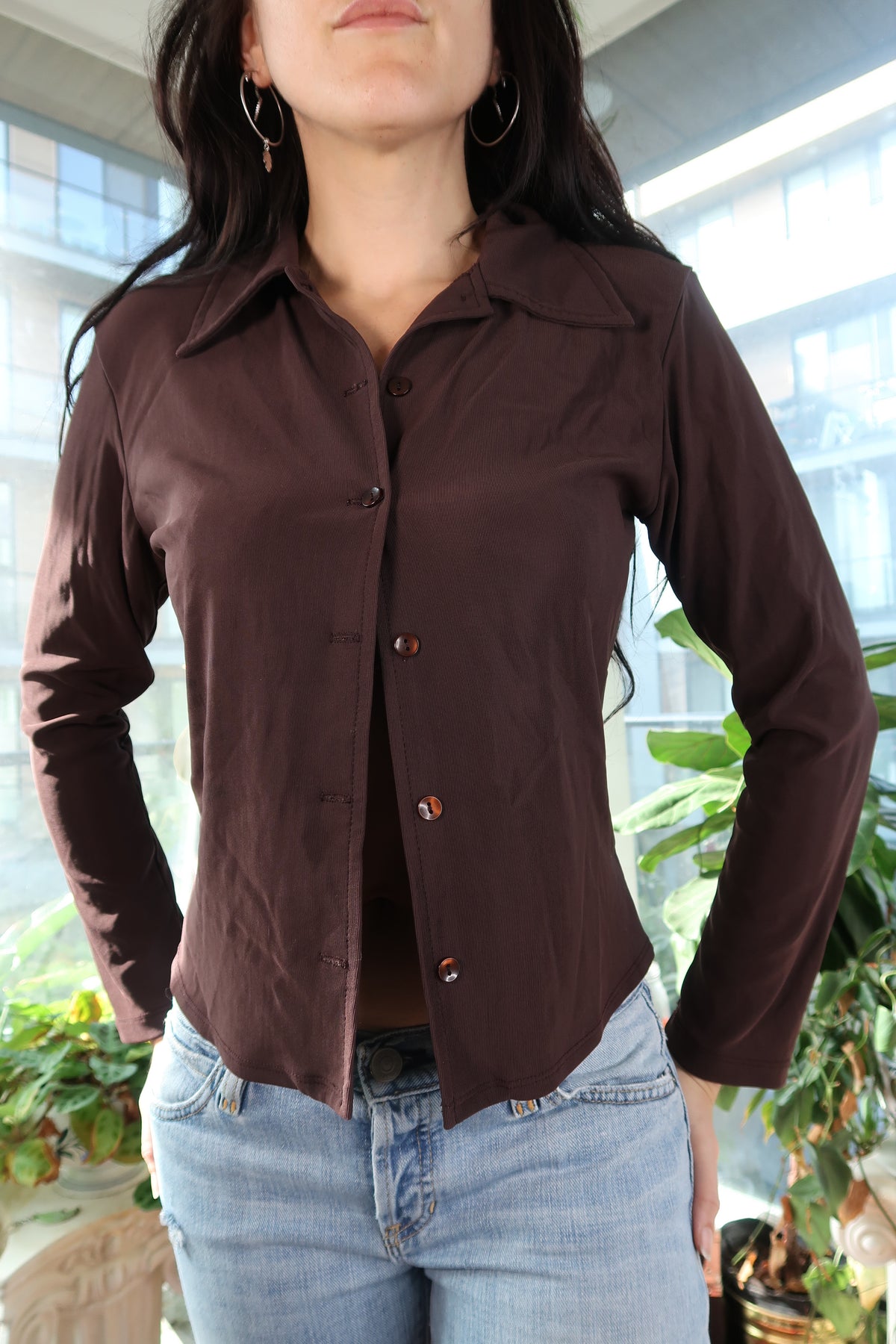 Vintage Chocolate Brown Button-Up Blouse