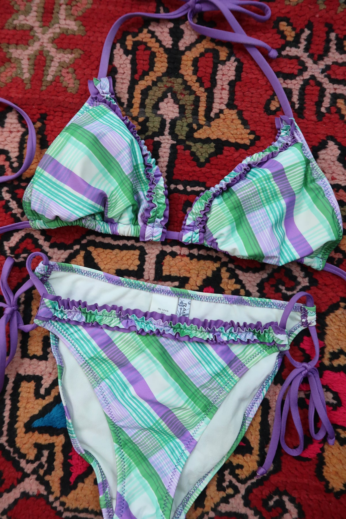 Vintage 2000s Rampage Plaid Bikini Set – Purple & Green with Ruffle Trim