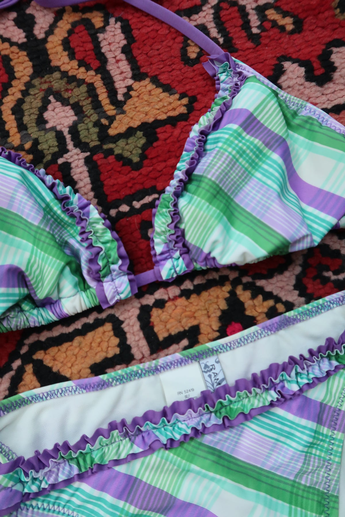 Vintage 2000s Rampage Plaid Bikini Set – Purple & Green with Ruffle Trim