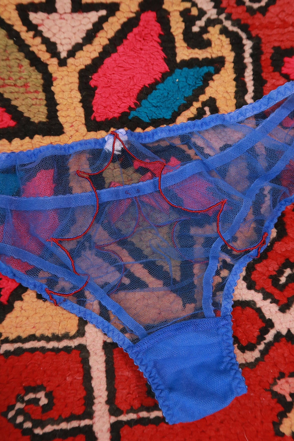 Elektra Vintage blue sheer mesh lingerie set with delicate detailing, featuring a bra and matching panties, designed for elegant allure.