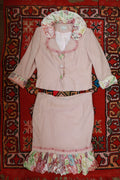 Vintage Pink Tweed Floral Velvet Trim Skirt Suit Set