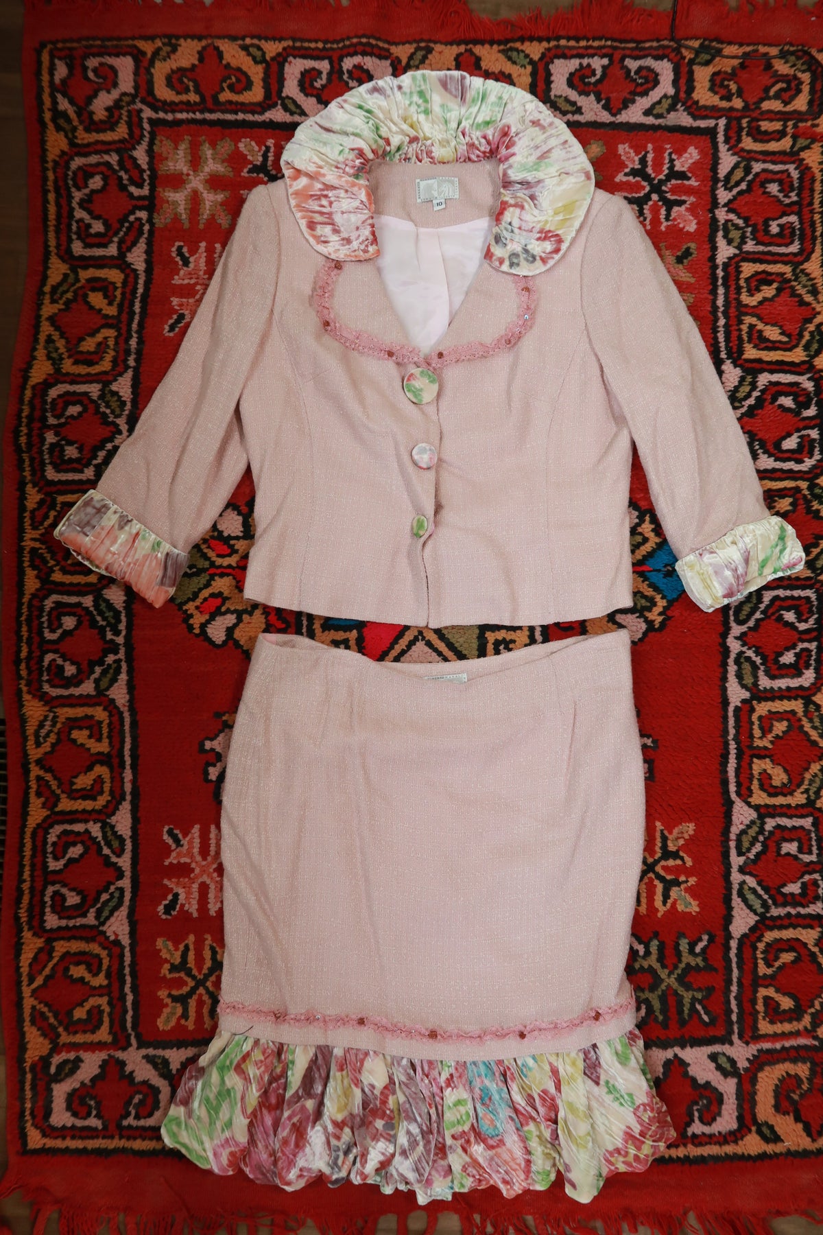 Vintage Pink Tweed Floral Velvet Trim Skirt Suit Set