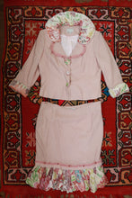 Load image into Gallery viewer, Vintage Pink Tweed Floral Velvet Trim Skirt Suit Set
