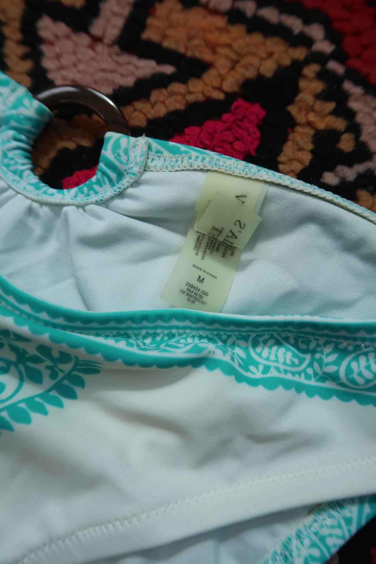 White and turquoise paisley Victoria’s Secret bikini bottom by Elektra Vintage, vintage 2000s swimwear with floral pattern.