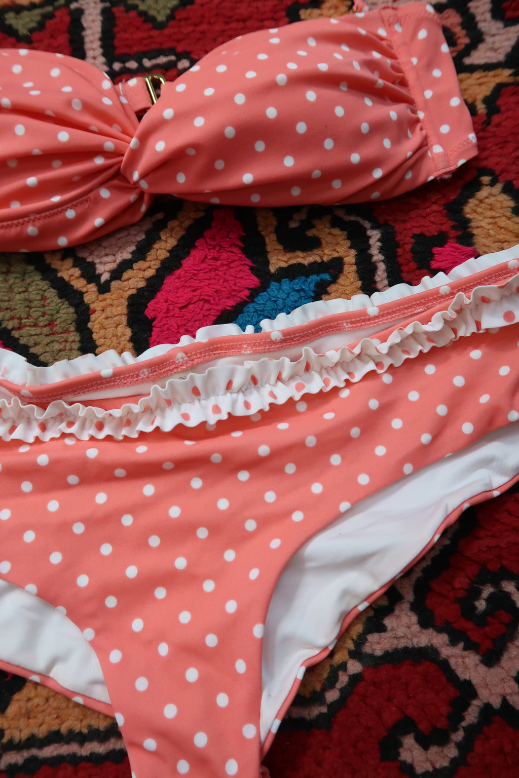 Elektra Vintage 2000s Victoria’s Secret polka dot bikini set with coral and white ruffle swim top and bottoms.