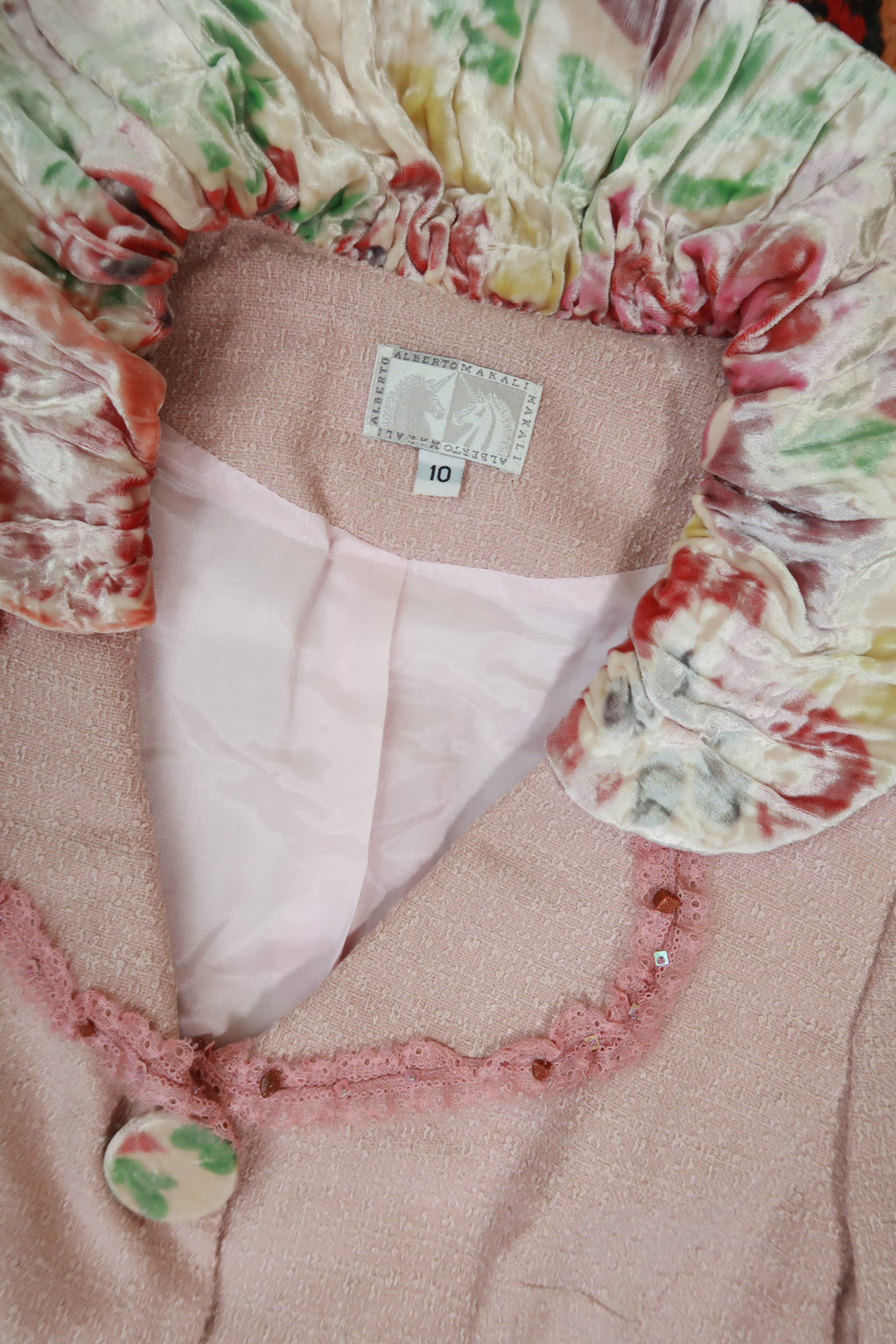Vintage Pink Tweed Floral Velvet Trim Skirt Suit Set