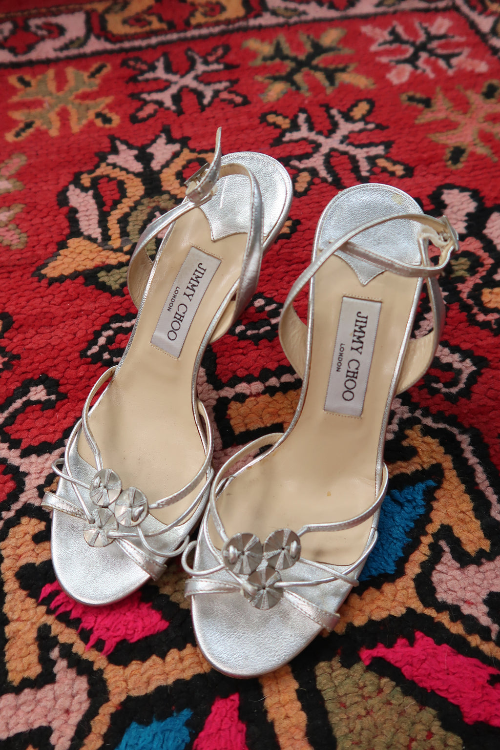 Vintage Jimmy Choo Silver Strappy Heels – Metallic Leather Heels