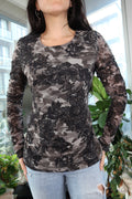 Vintage 2000s Camo Floral Lace Long Sleeve Top – Y2K Mesh Overlay Aesthetic - Elektra Vintage
