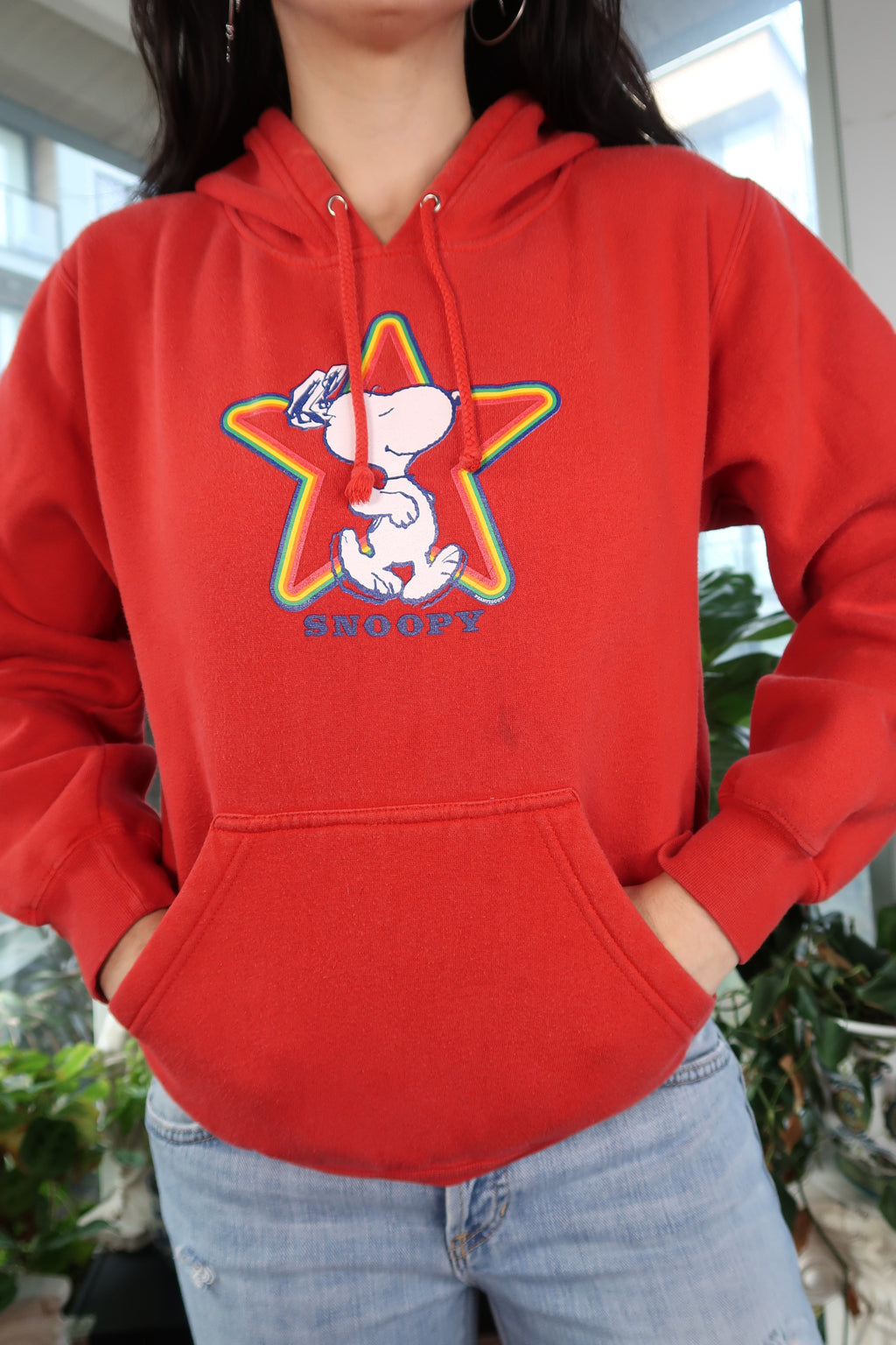 Vintage Y2K Doe Mighty Snoopy Red Hoodie with Rainbow Star Graphic - Elektra Vintage