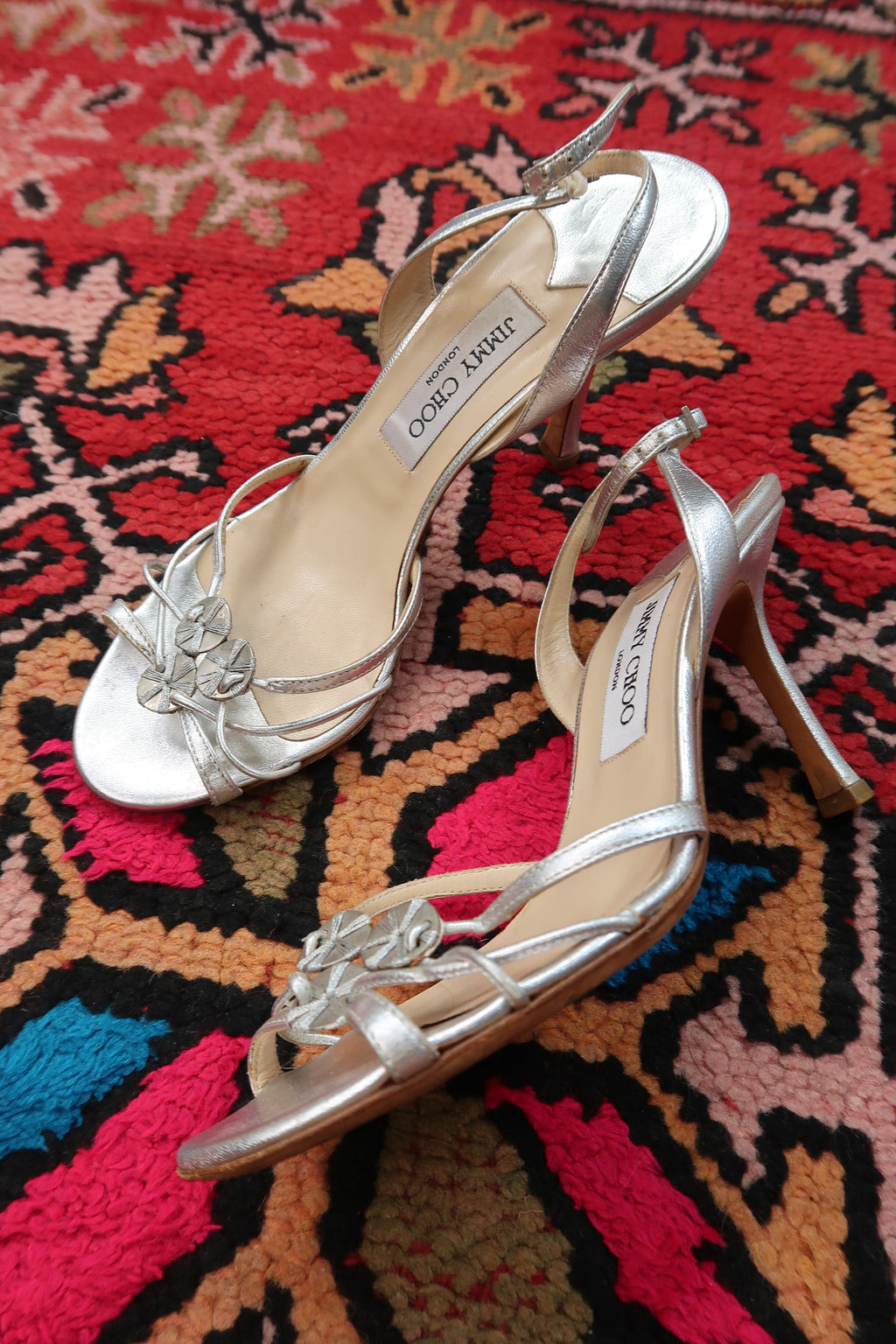 Vintage Jimmy Choo Silver Strappy Heels – Metallic Leather Heels