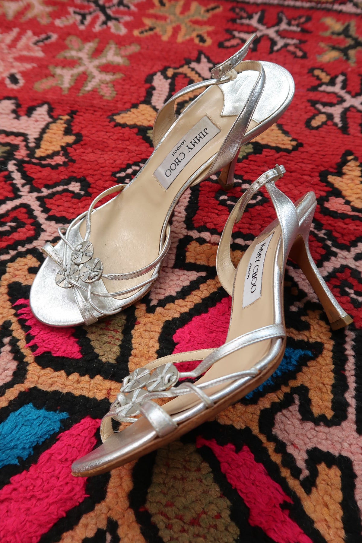 Vintage Jimmy Choo Silver Strappy Heels – Metallic Leather Heels
