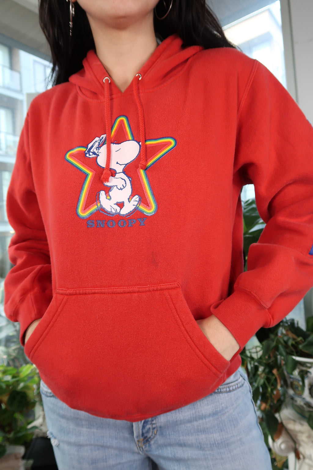 Vintage Y2K Doe Mighty Snoopy Red Hoodie with Rainbow Star Graphic - Elektra Vintage