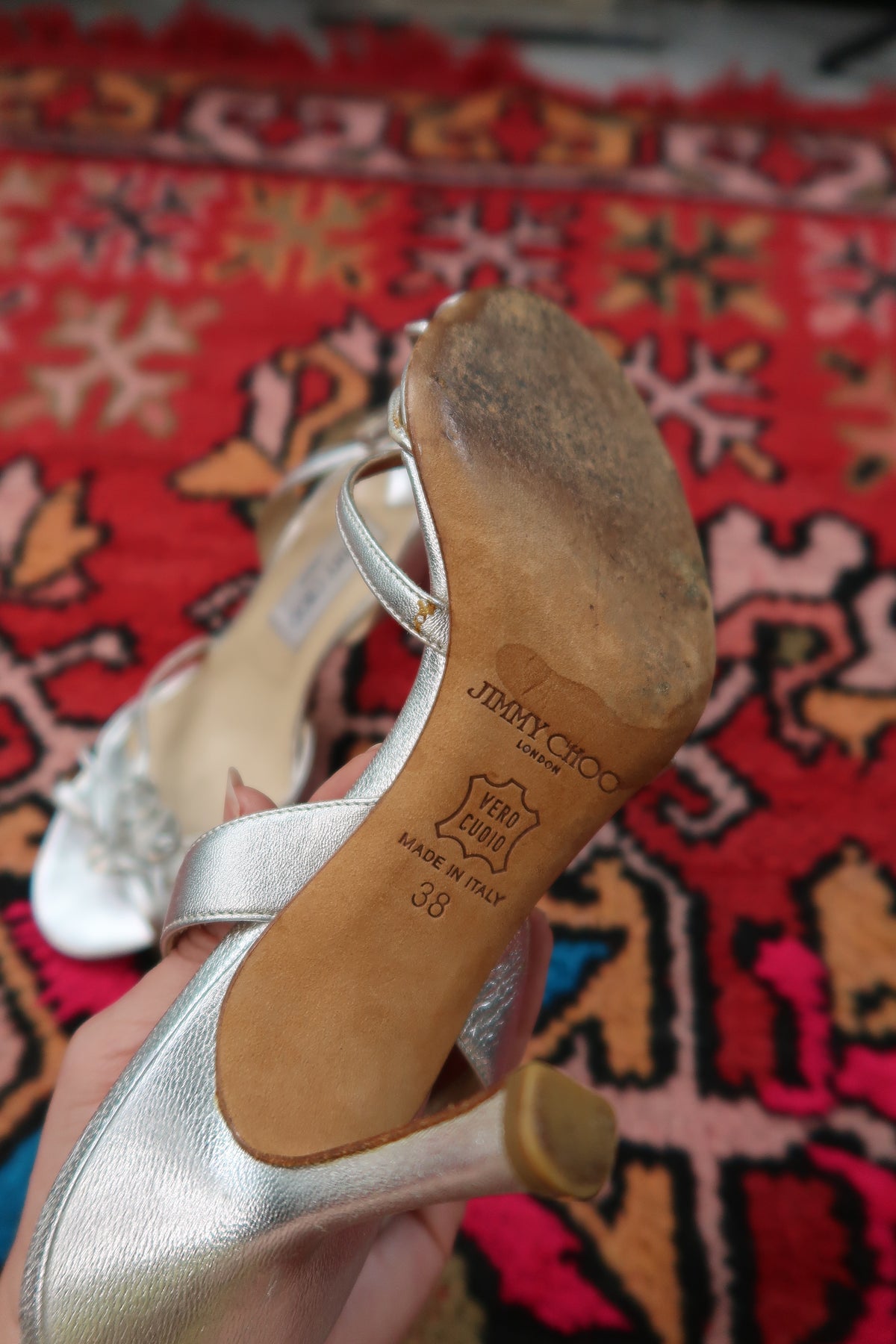 Vintage Jimmy Choo Silver Strappy Heels – Metallic Leather Heels