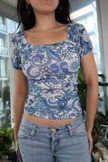 Vintage Y2K Blue Psychedelic Floral Ruched Top with Square Neck & Puff Sleeves