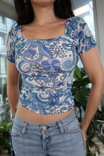 Load image into Gallery viewer, Vintage Y2K Blue Psychedelic Floral Ruched Top with Square Neck &amp; Puff Sleeves
