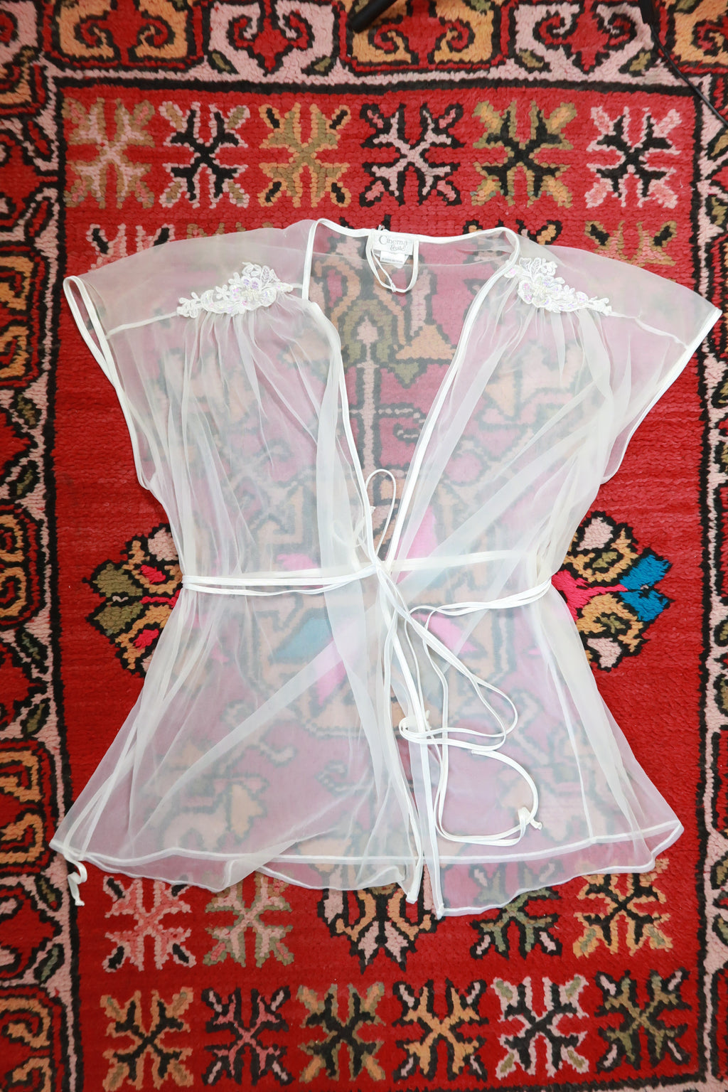 Vintage Sheer White Chiffon Tie Front Bed Jacket Robe