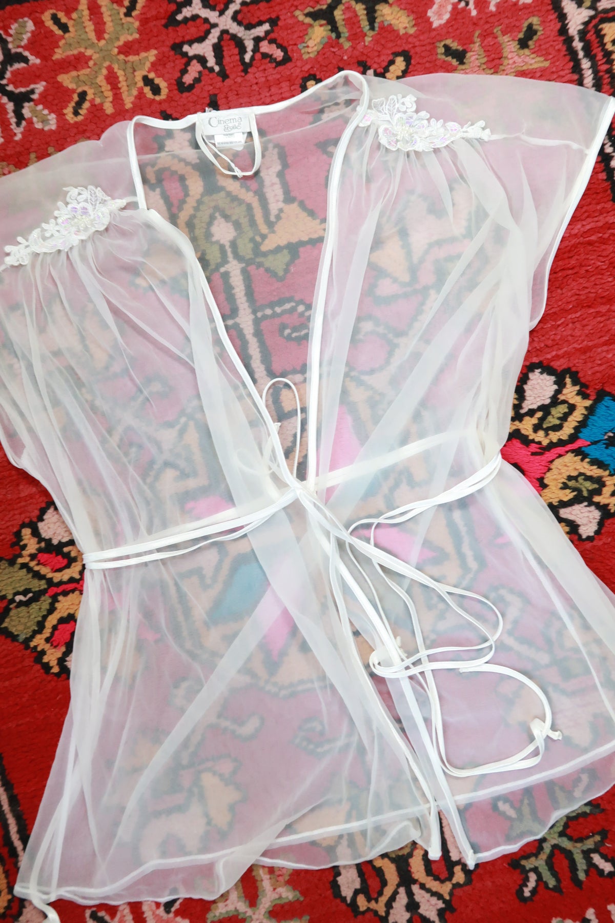 Vintage Sheer White Chiffon Tie Front Bed Jacket Robe