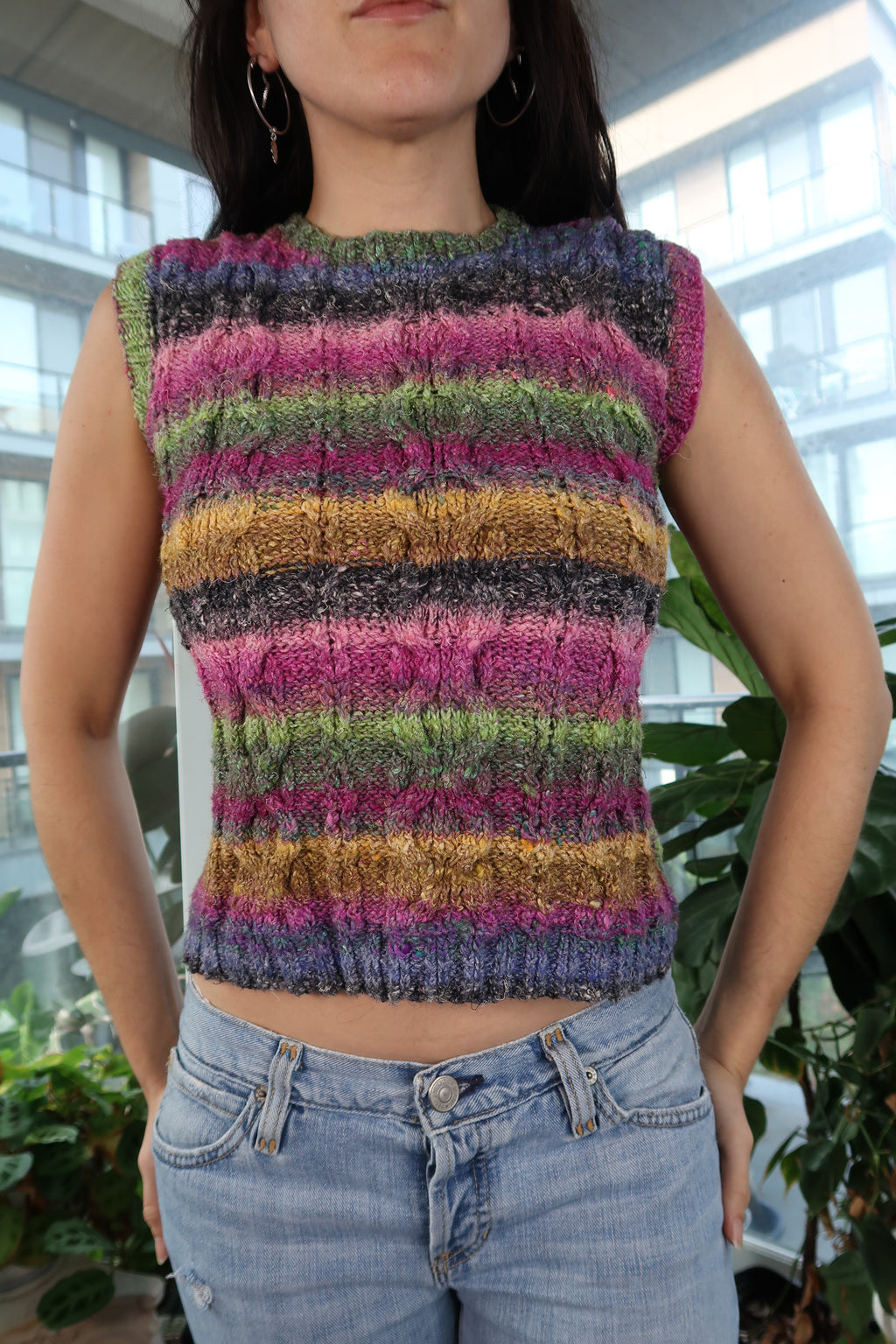 Hand Knit Rainbow Cable Knit Sweater Vest - Elektra Vintage