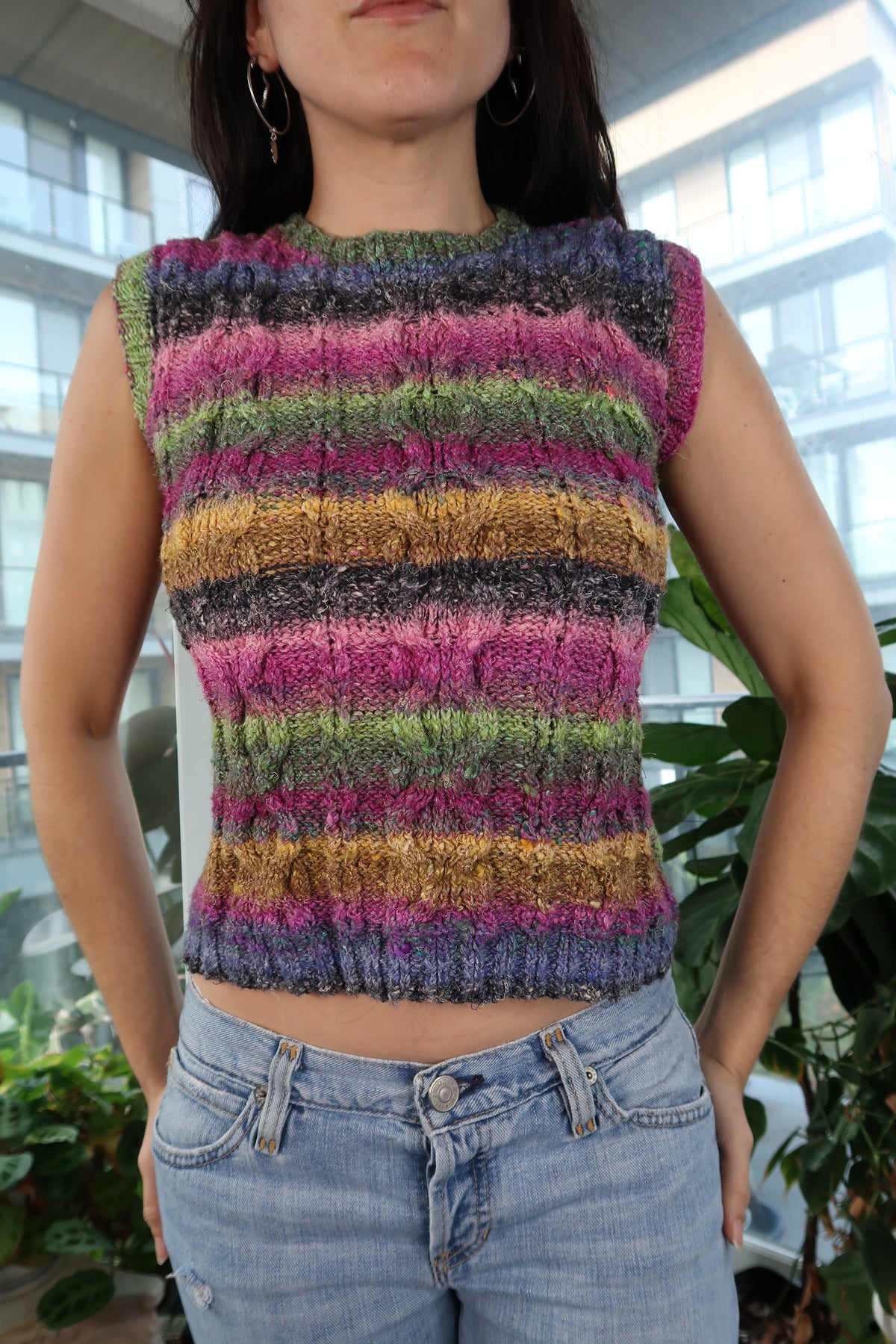 Hand Knit Rainbow Cable Knit Sweater Vest - Elektra Vintage