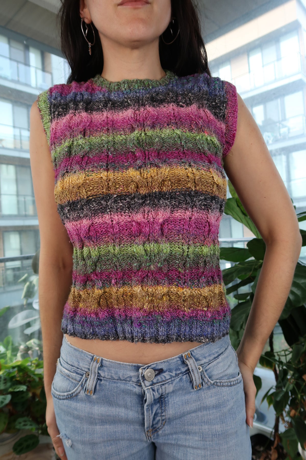 Hand Knit Rainbow Cable Knit Sweater Vest - Elektra Vintage