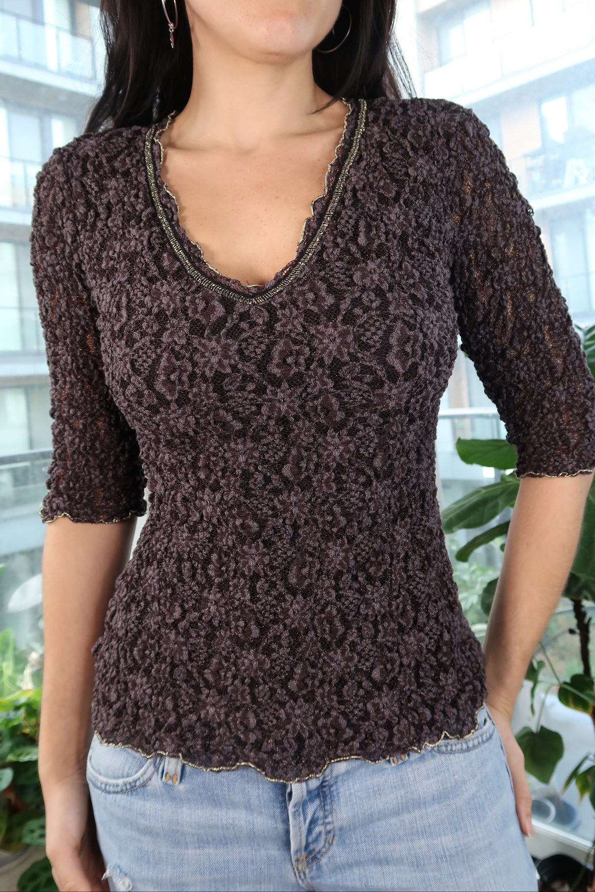 Vintage 2000s Plum Purple Lace V-Neck Top
