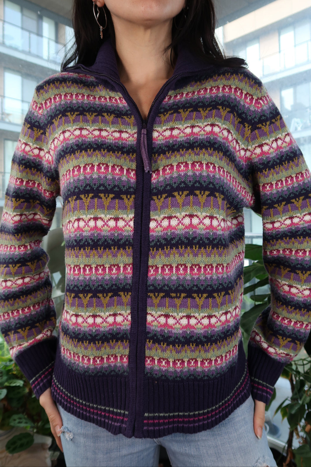 Vintage Fair Isle Zip-Up Sweater – Purple Multicolor Knit