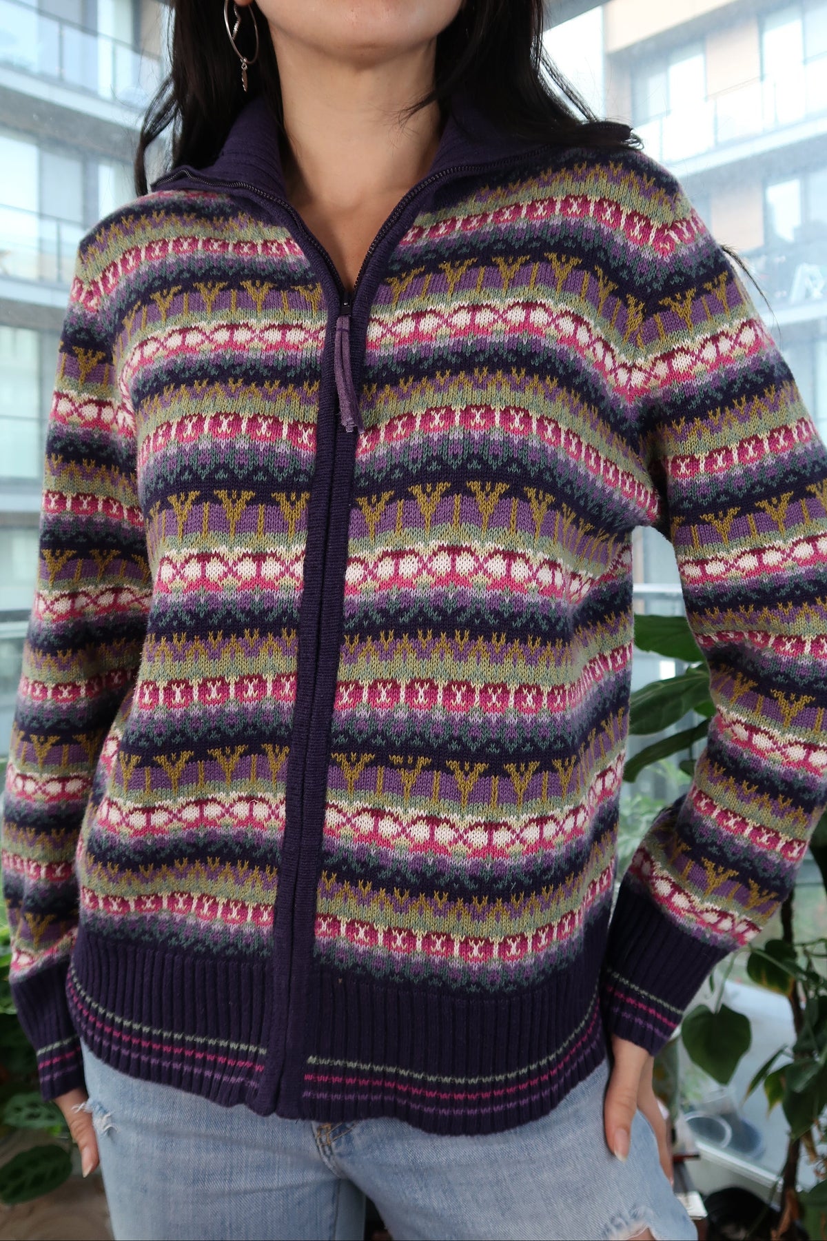 Vintage Fair Isle Zip-Up Sweater – Purple Multicolor Knit - Elektra Vintage