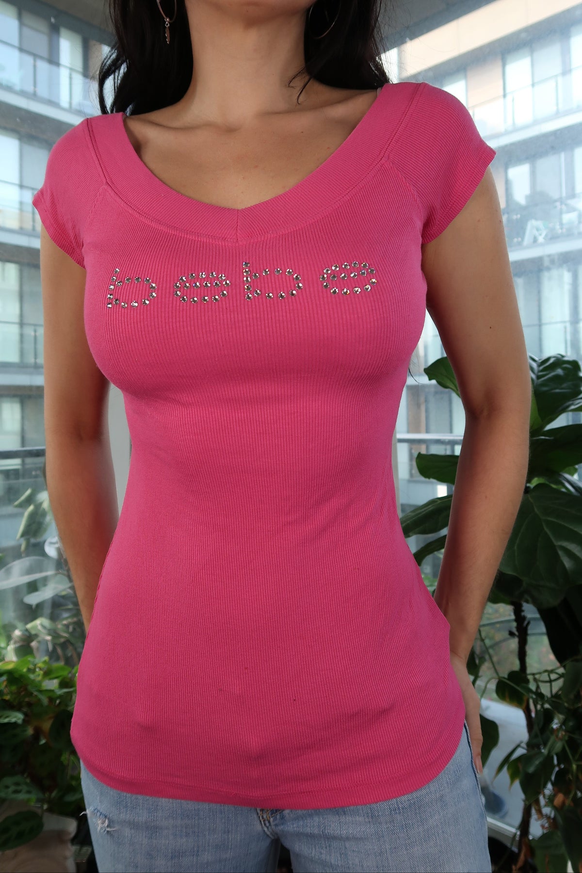 Vintage Y2K Bebe Hot Pink Rhinestone Logo Top - Elektra Vintage