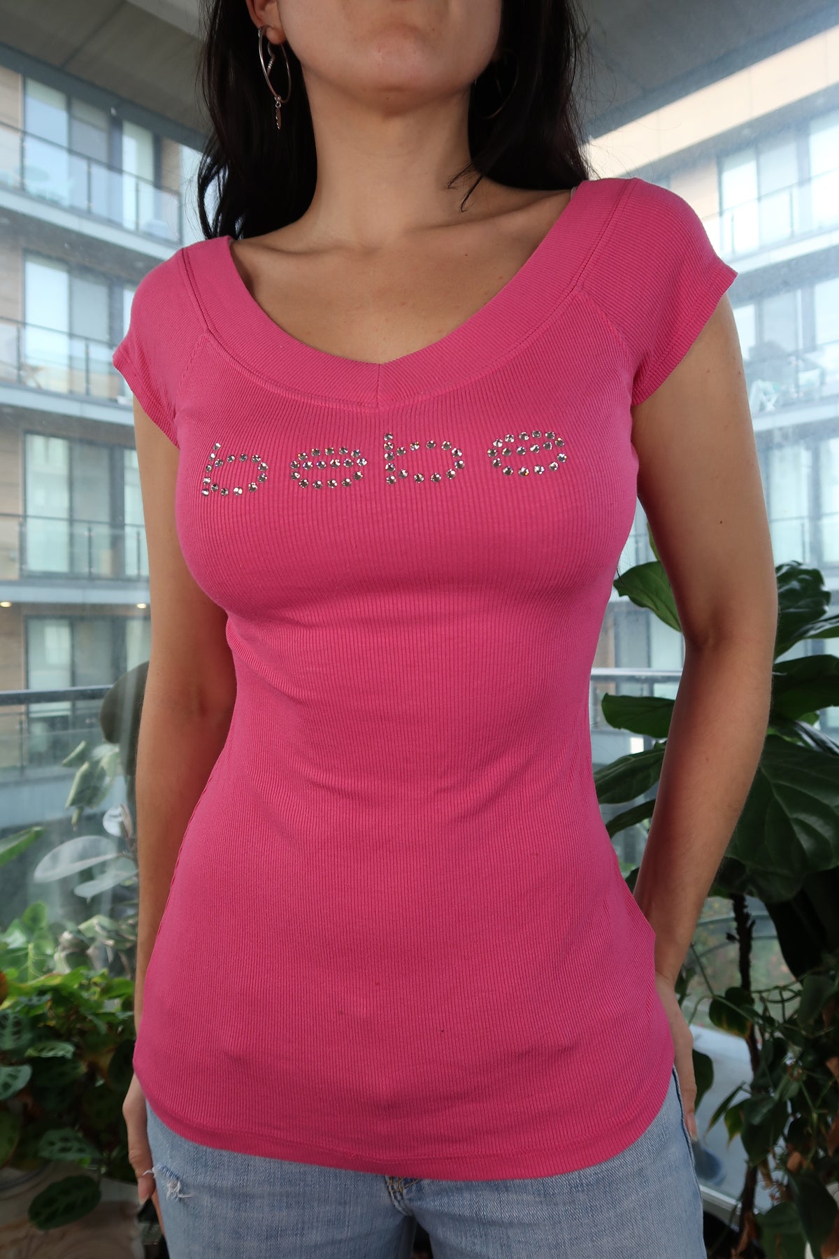 Vintage Y2K Bebe Hot Pink Rhinestone Logo Top - Elektra Vintage