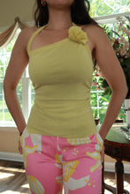 Load image into Gallery viewer, Vintage 2000s Chartreuse Yellow Mesh Rosette Halter Top
