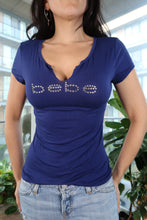 Load image into Gallery viewer, Vintage Y2K Bebe Blue Rhinestone Logo Tee with Split V-Neck
