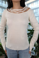 Load image into Gallery viewer, Ivory Long Sleeve Sweater with Cutout Lattice Neckline – Chic Minimalist Statement Top
