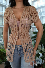 Load image into Gallery viewer, Vintage 2000s Say What Tan Crochet Short-Sleeve Open-Front Top
