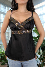 Load image into Gallery viewer, Vintage Y2K Black Sequin Trim Babydoll Camisole Top with Spaghetti Straps
