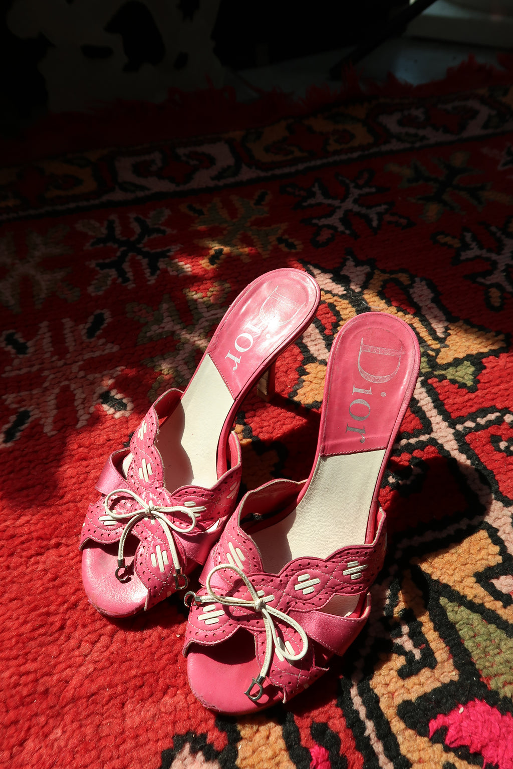 Vintage Christian Dior Pink Leather Heels – Logo Mules with Bow Detail