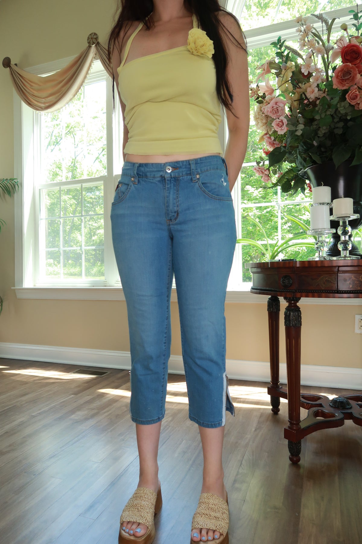 Vintage Baby Phat cropped denim Capri jeans for women, styled with a classic Y2K vibe, from Elektra Vintage.