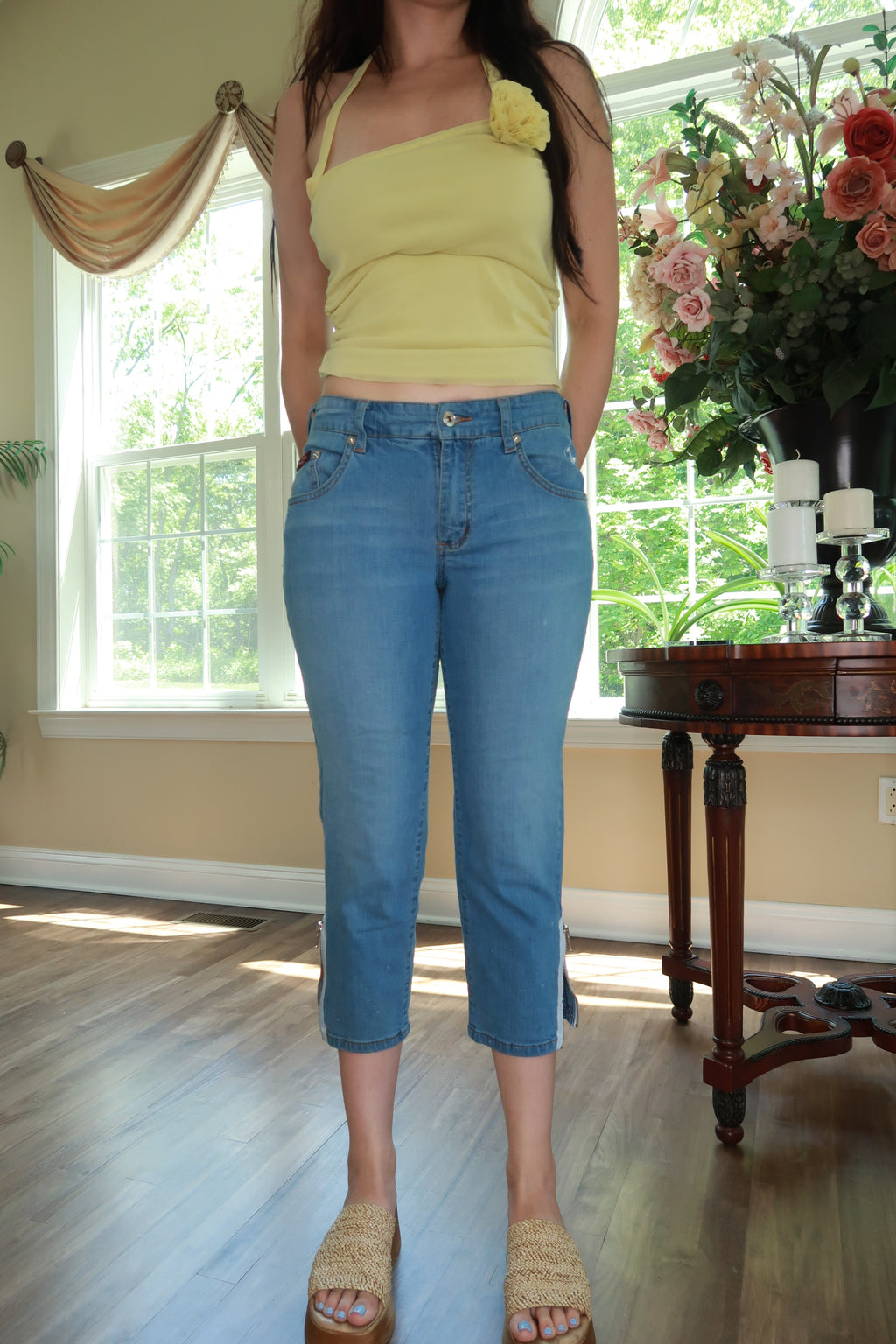 Vintage Baby Phat cropped denim capri jeans for women from Elektra Vintage, featuring classic Y2K style and distressed denim.